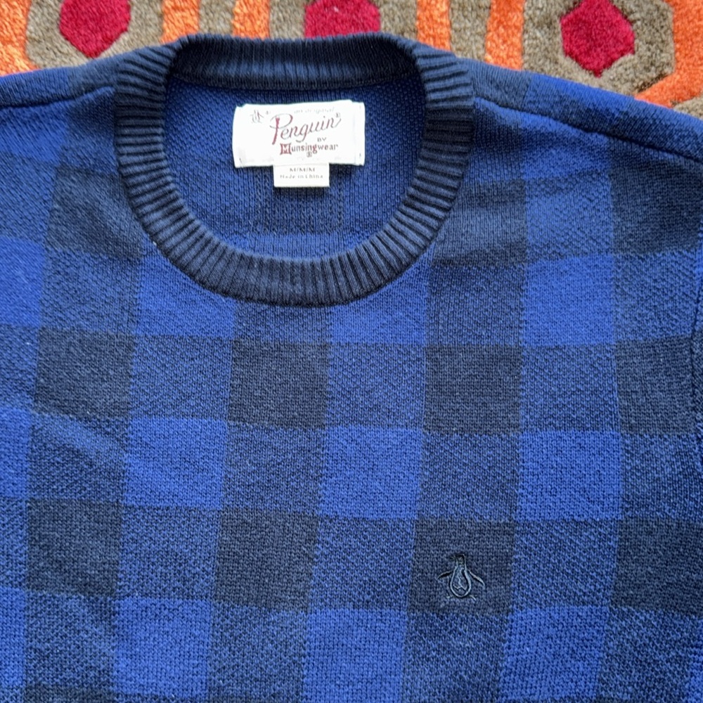 Original Penguin Blue Tartan Plaid Crewneck Sweater Buffalo Check Men's Med.